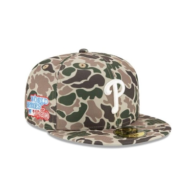 Green Philadelphia Phillies Hat - New Era MLB Duck Camo 59FIFTY Fitted Caps USA6395871